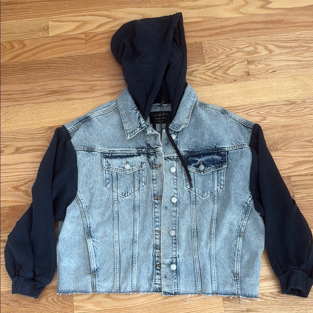 Women’s size XS /S Denim Jacket with Black Sleeves and hood